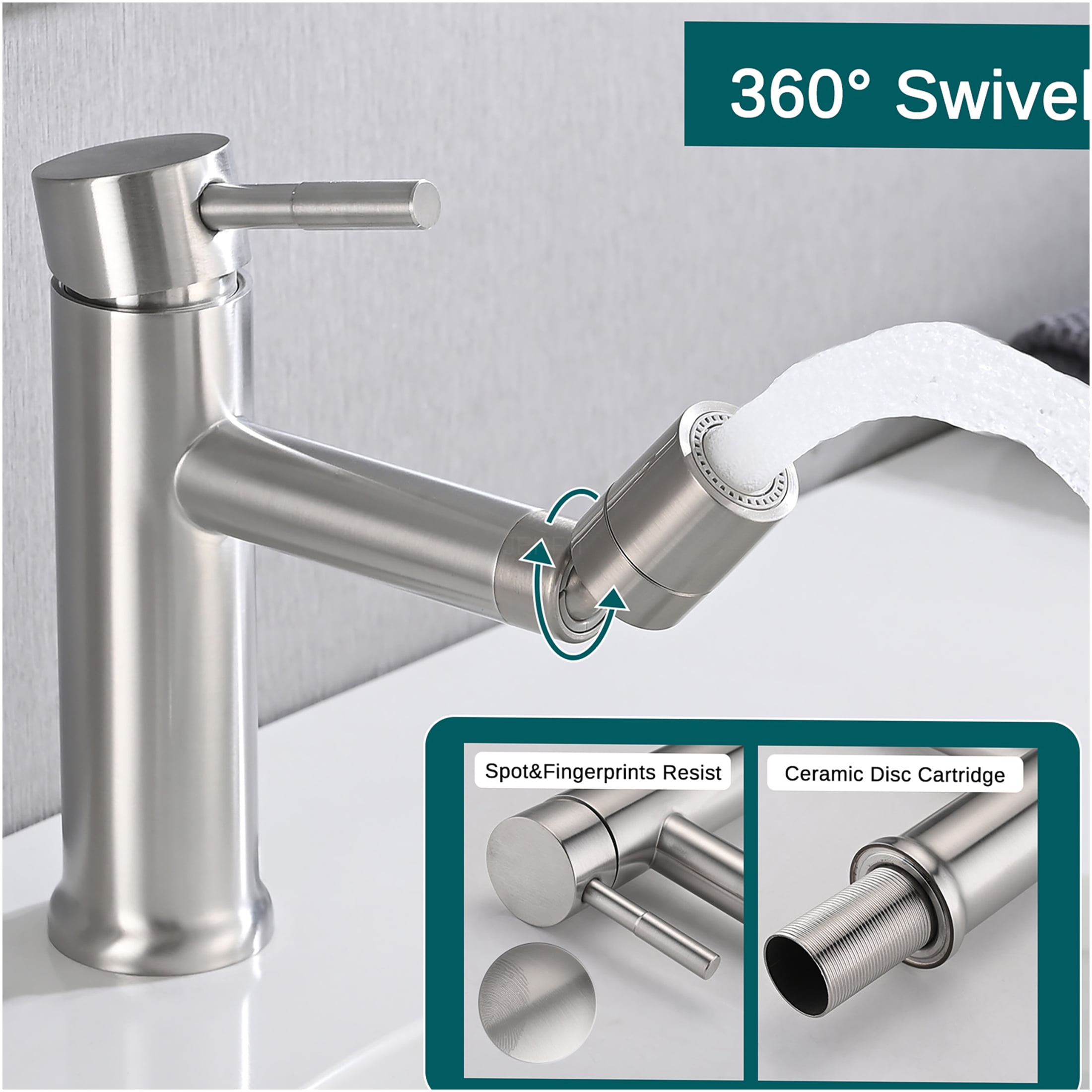 JERFIT Single Handle Bathroom Sink Faucet, Brushed Nickel 1-Hole Deck Mount Vessel Lavatory Faucet with 360° Swivel Spout and 2 Water Flow Modes