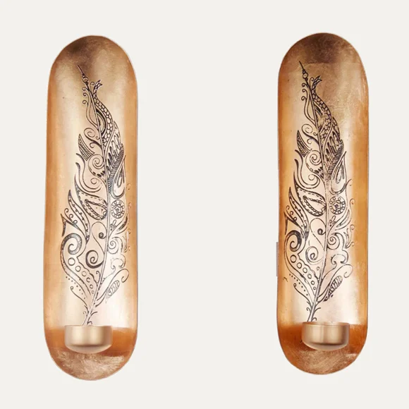 Copper and Gold Wall Candle Sconces with Feather Design
