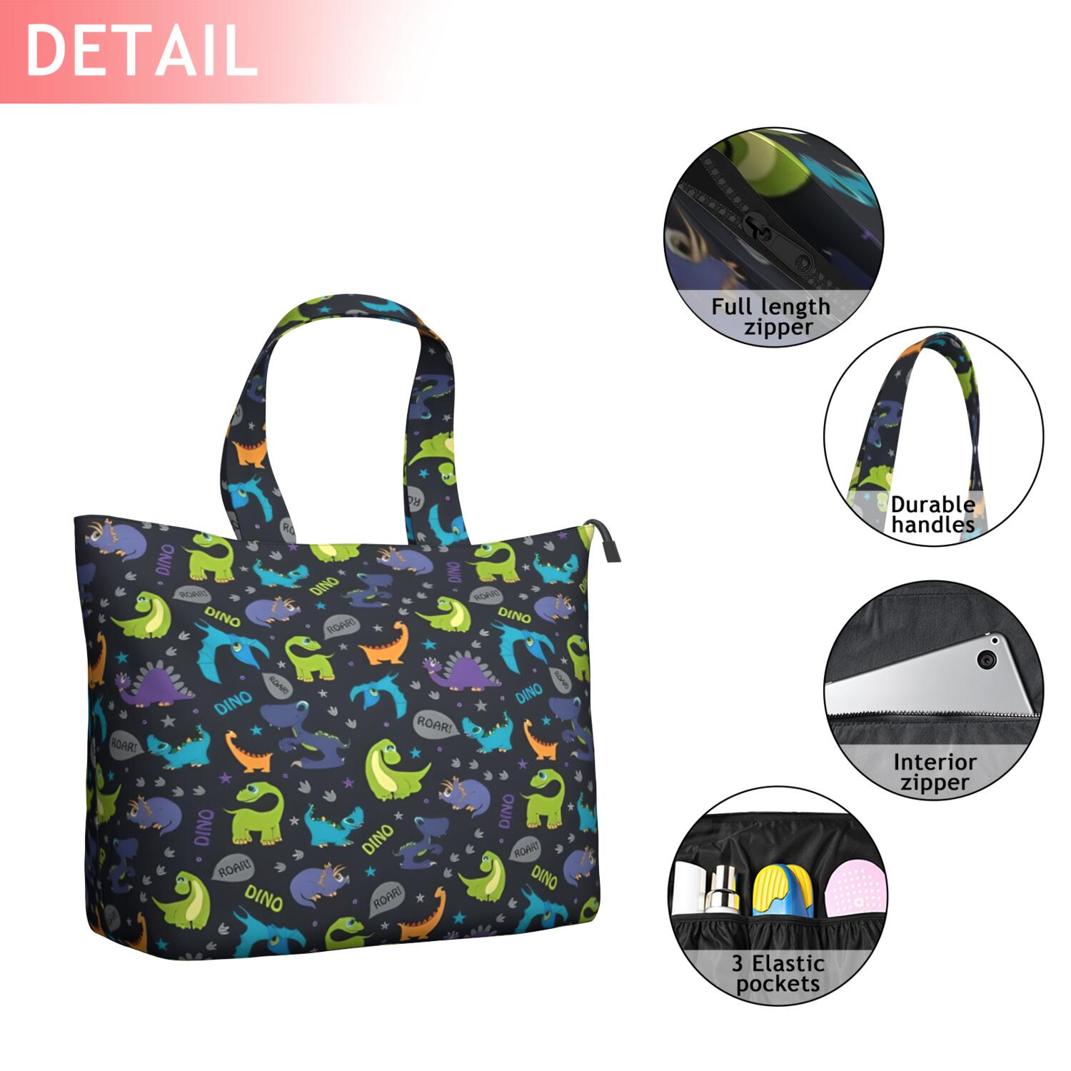 DarkGray Cartoon Dinosaurs Pattern Travel Tote Bags for Women Carry On,Large Weekender Bags for Women Travel,Multi Functional Duffle Bag for Work,Shopping,Sports