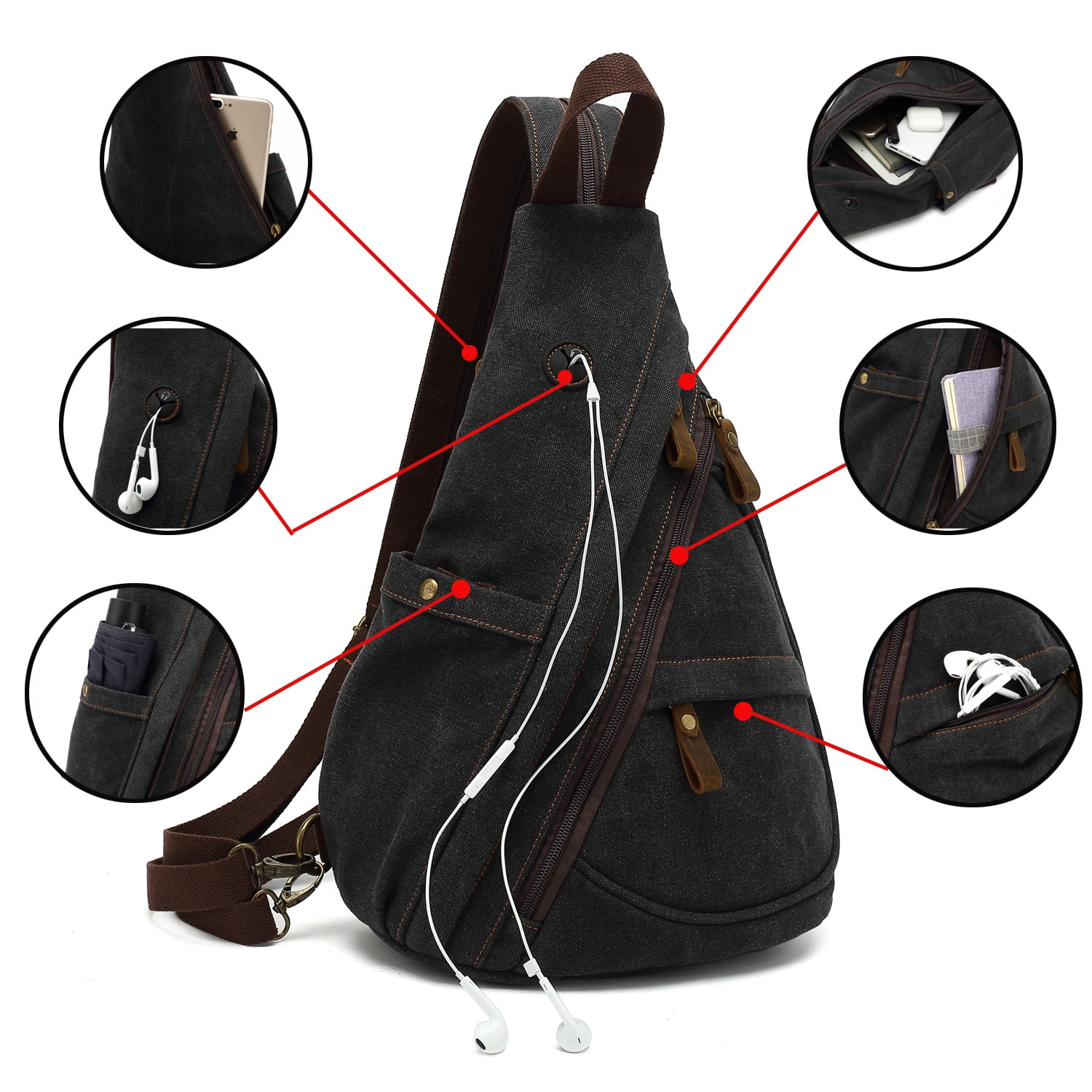 Egoelife Sling Bag Backpack Crossbody Shoulder Chest Bag for Men Women Vintage Canvas Daypack Multipurpose - Black