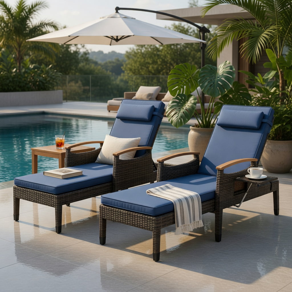 Hommoo Adjustable Wicker Recliner Chair with Footrest & Removable Cushions, PE Rattan Patio Seating for Backyard, Porch & Balcony, Navy