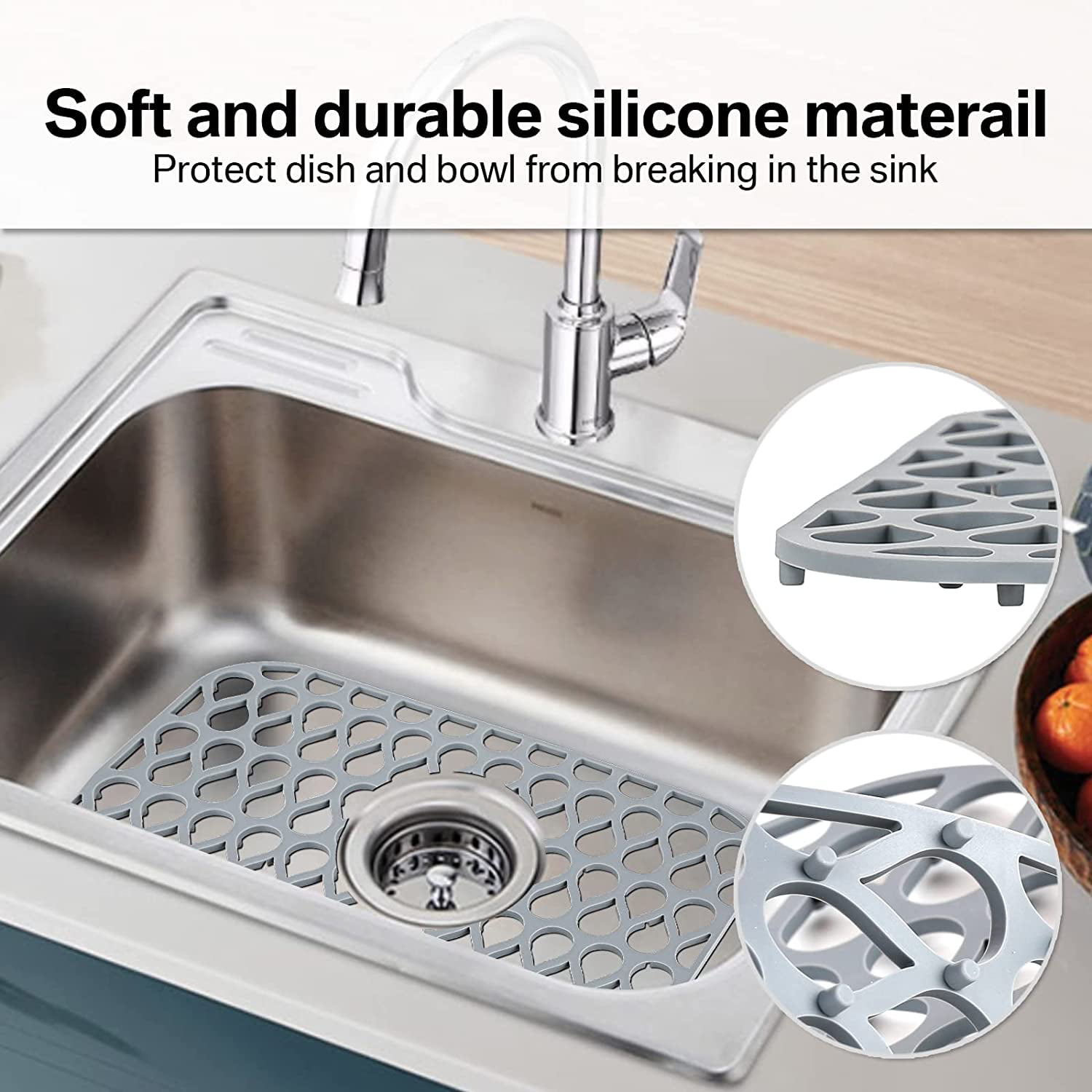 Silicone Sink Mat, 24.6''x 12.9'' Kitchen Sink Protector Grid for Bottom of  Center Drain Sink, TwinnekYR Grey Non-slip Heat Resistant Sink Liner for