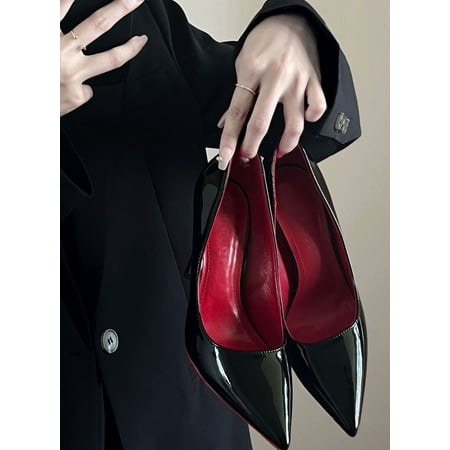 

HHH Wedding Shoes Pointed Toe Shallow Mouth Stiletto Sexy Red Bottom High Heels Red Lining Black Patent Leather Shoes for Work 32-43