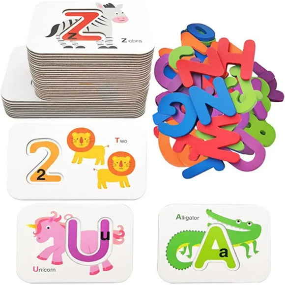 AMERTEER Alphabet Number Flash Cards Wooden Letter Puzzle ABC Sight Words Match Games Animal Counting Board Preschool Educational Montessori Toys for Toddlers Boys Girls 3+ Years (36 Card
