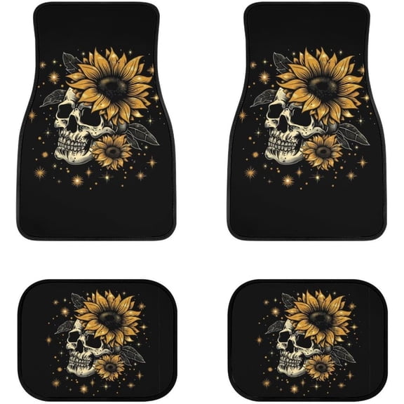 4PCS Skull Sunflower Car Floor Mats, Anti-Slip Floor Liners, Universal Fit for Cars, SUVs, Trucks & Vans, Gothic Floral Aesthetic Design, All-Season Interior Protection