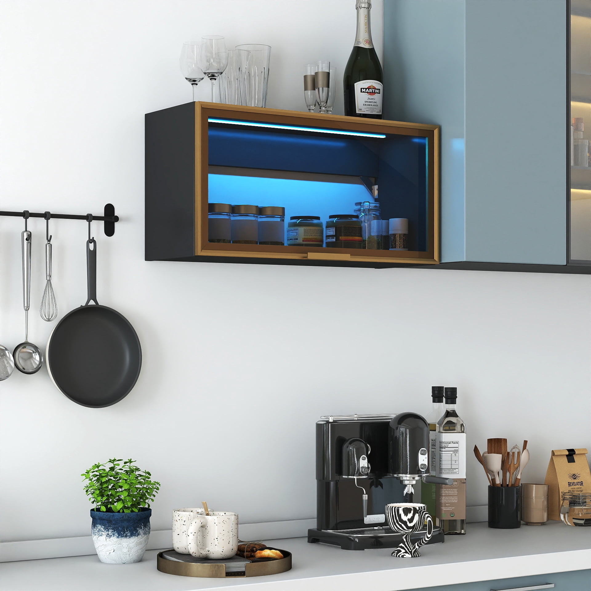 Mintazer Wall-Mounted Kitchen Storage Cabinet with LED Light, Flip-Up Glass Door Wall Cabinet with Gold Trim, Black