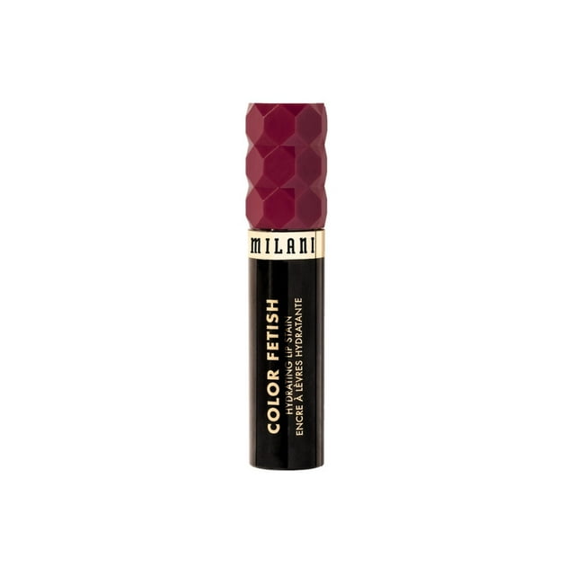 Tinta de labios Milani Color Fetish Hydrating Lip Stain 160 Bitten Berry 5 ml, envase cilíndrico negro con tapa texturizada rojo baya, fórmula hidratante con ácido hialurónico y escualano vegetal, duración hasta 8 horas, aplicador de punta precisa para maquillaje de labios, ideal para un acabado semi-mate y brillo ajustable.