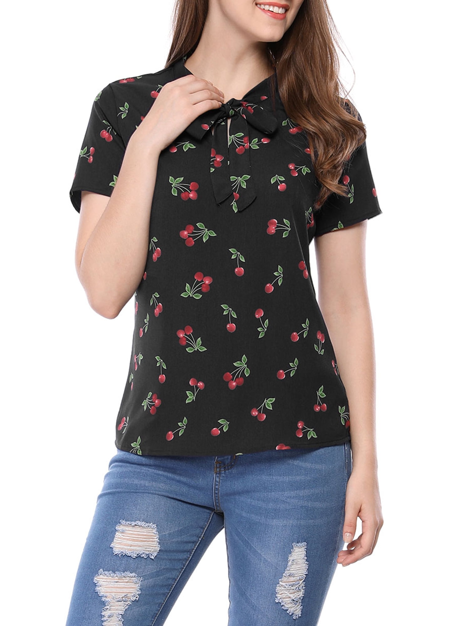 Unique Bargains Women's Cherry Printed Tie Bow Neck Short Sleeve Blouse Top Black-Cherry S