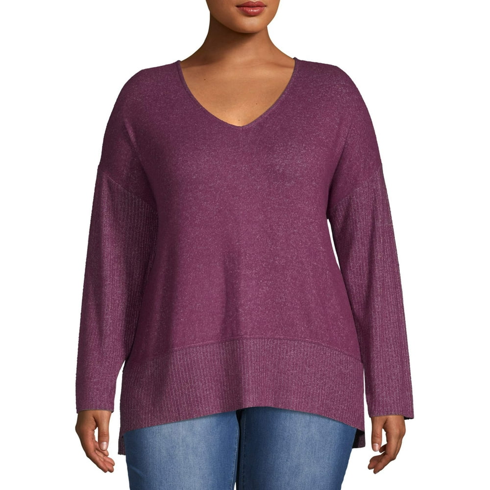 Per Se - Per Se Women's Plus Size V-Neck Knit Top with Ribbed sleeves ...