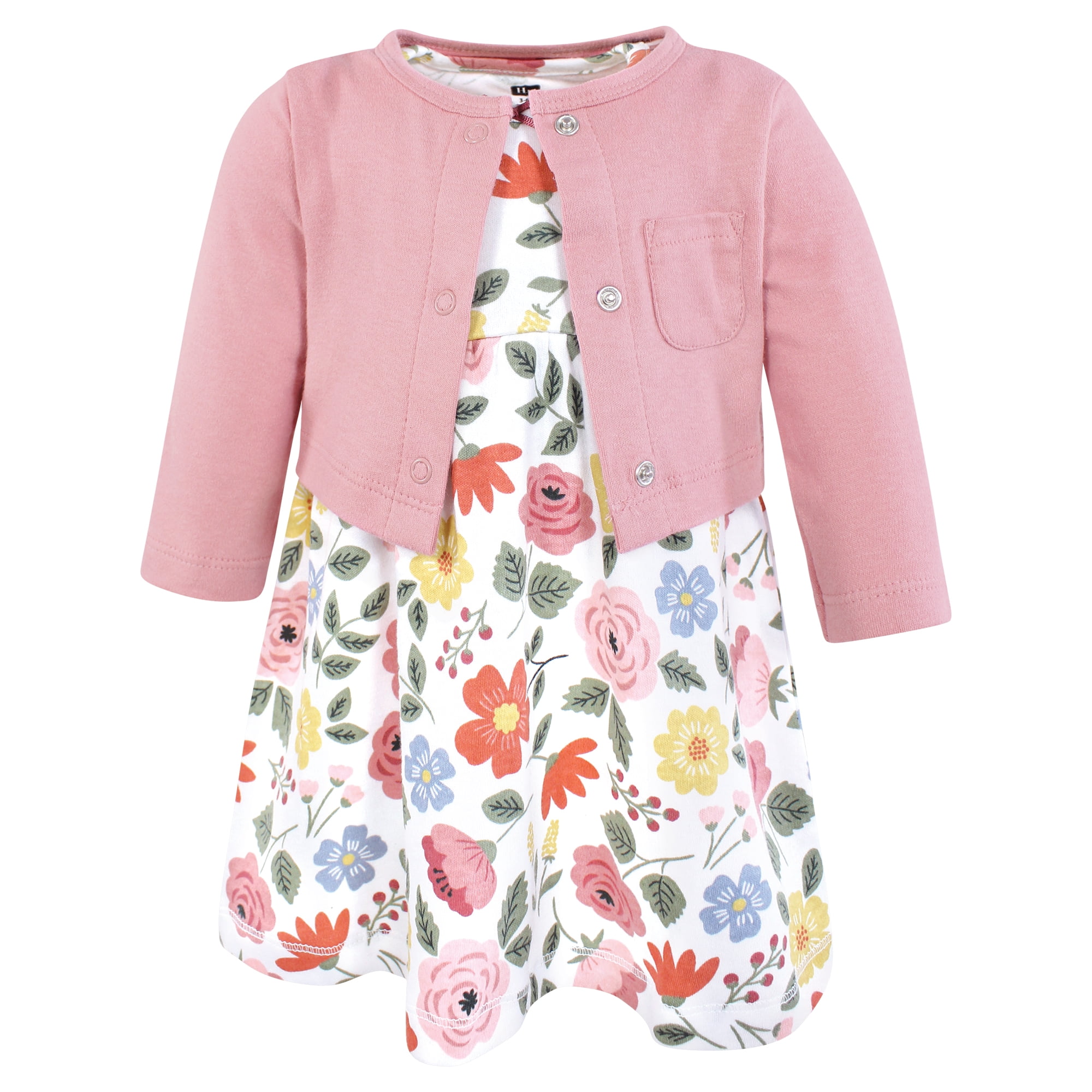 Hudson Baby Infant and Toddler Girls Cotton Dress and Cardigan Set, Mauve Modern Botanical, 0-3 Months