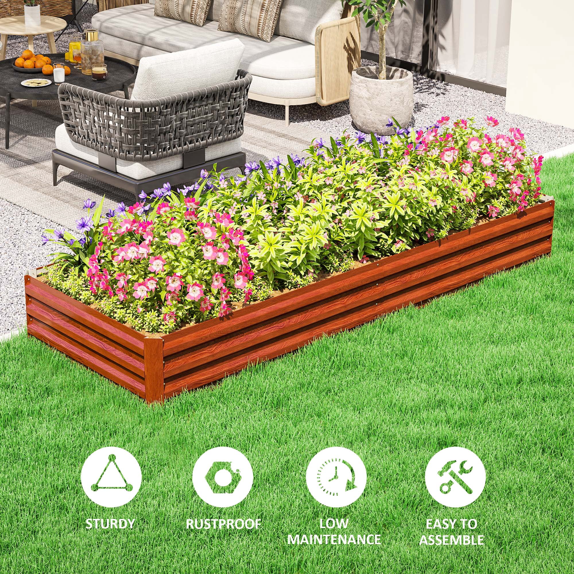 Outsunny 95" x 36" x 12" Galvanized Raised Garden Bed, Metal Elevated Planter Box, Easy DIY and Cleaning for Growing Flowers, Herbs, Natural Wood