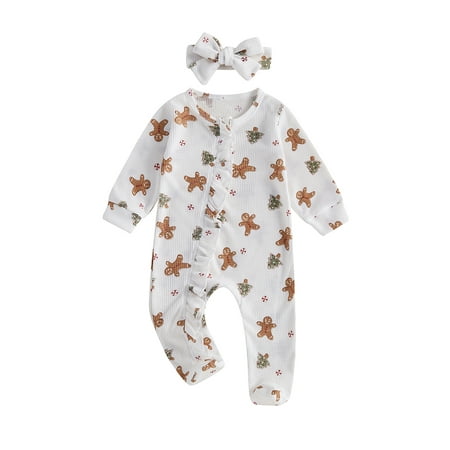 

WERNZATT Baby Christmas Jumpsuit Gingerbread Print Ruffle Romper with Headband