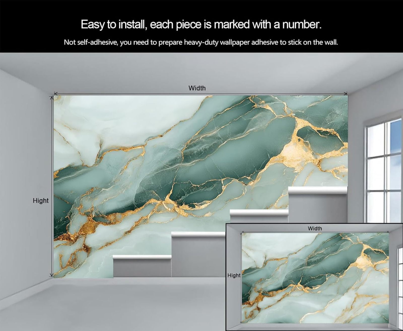 Luxury Marble Custom Mural- Green Gold Texture Wallpaper, Modern Abstract Large Murals For Living Room Bedroom, Marble Murals 79"W x 55"H (Not Peel and Stick)