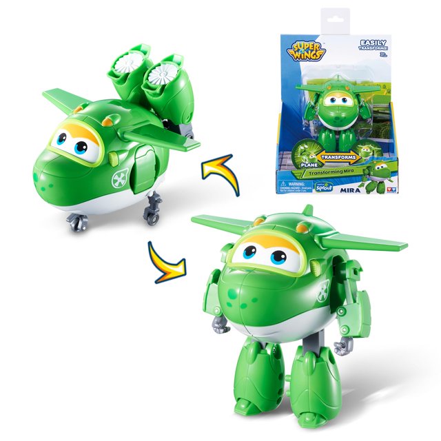 transformable toys super wings mira airplane 2 en 1 Figura Super Wings Mira de 5 pulgadas en verde, mostrada en encuadres frontales de avión y en modo robot; ojos impresos, hélices superiores, ruedas retráctiles y articulaciones visibles para transformar; paquete visible en la esquina superior derecha; apta para juego imaginativo y práctica de motricidad fina.