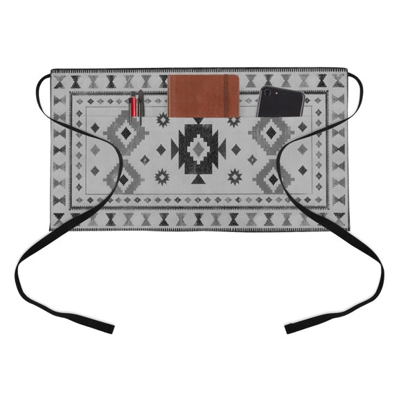 Gray Diamond Motifs Kitchen Restaurant Half Waist Apron, Boho Tribal Ethnic Abstract Geometric Country Plaid Server Short Apron with 3 Pockets Waterproof Oil Waist Aprons for Women Waitress Waiter