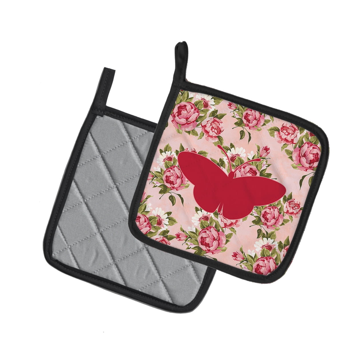 Butterfly Shabby Chic Pink Roses Pair of Pot Holders