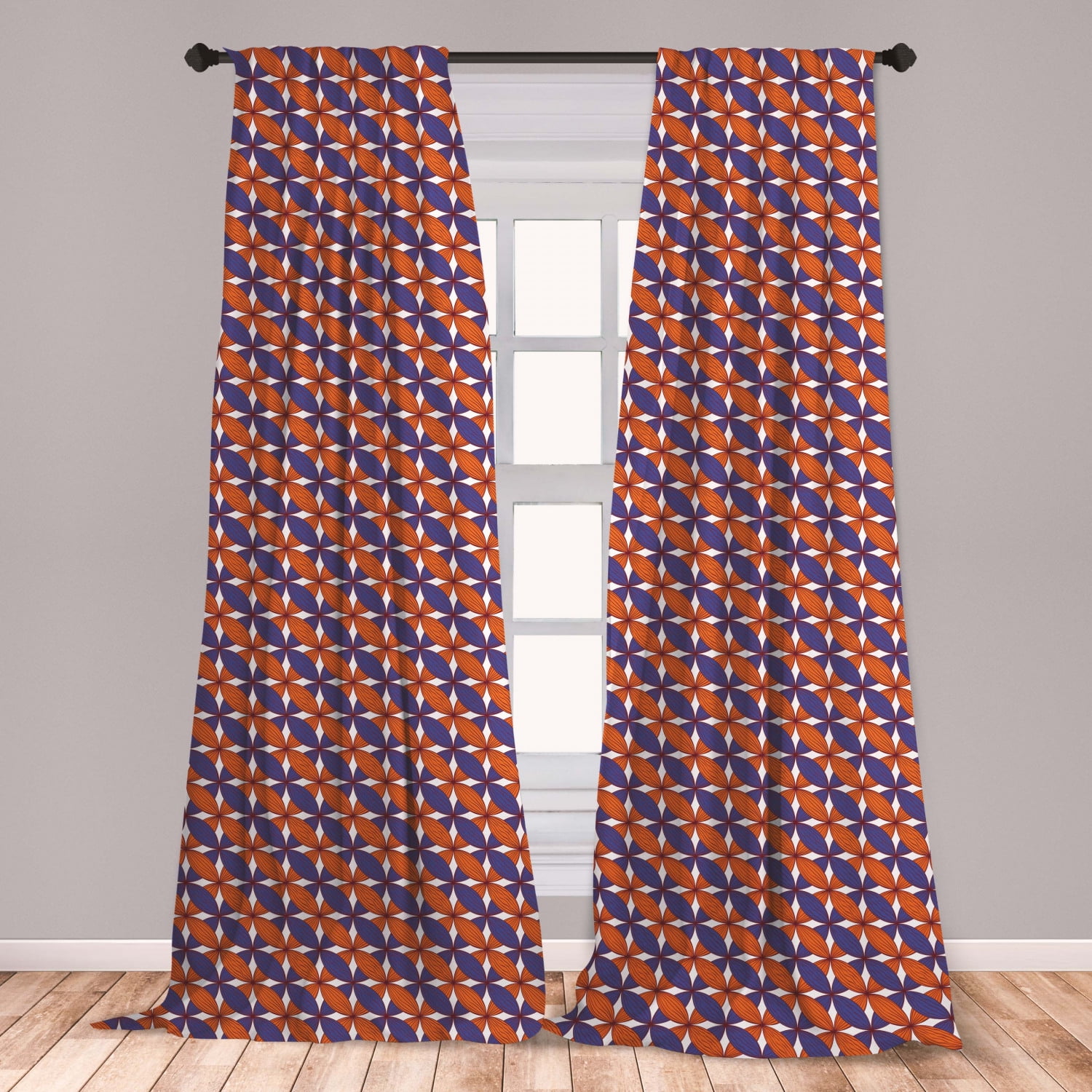 Orange Blue Curtains 2 Panels Set, Repetitive Grid Design Bicolour
