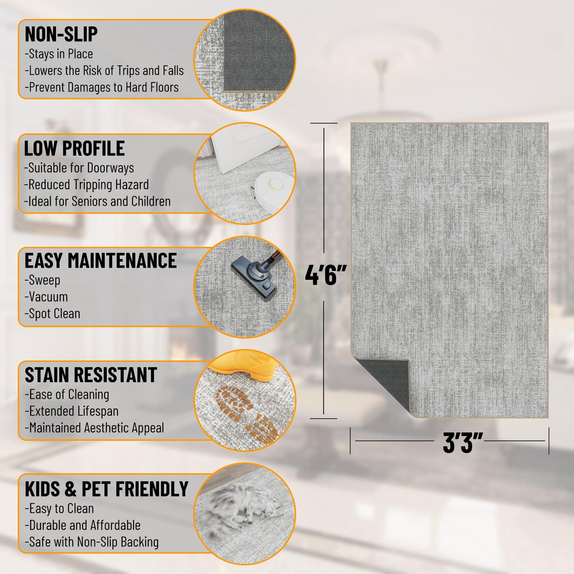 Ottomanson Non-Slip Washable Area Rug for Living Room Durable Low Profile Bedroom Carpet 3'3" x 4'6" Solid Beige