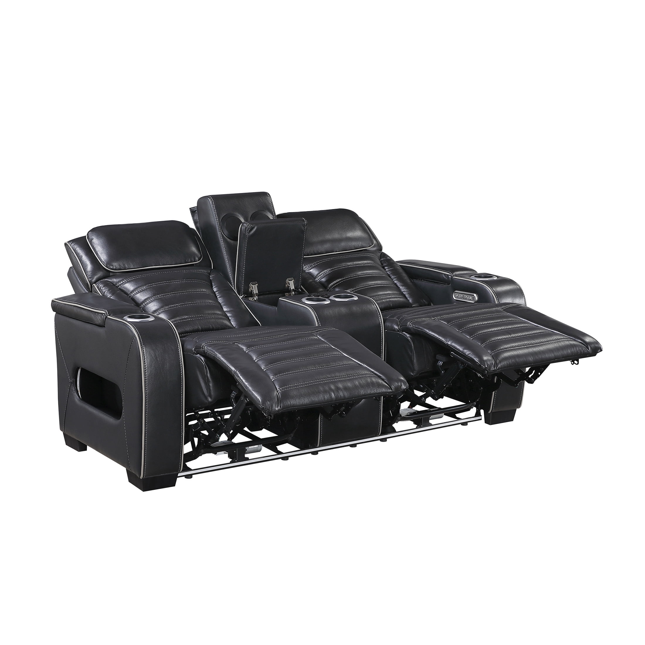 OakvillePark Elantra Leather Match Power Double Reclining Love Seat with Center Console/Power Headrests/Storage Arms/Cup Holders/Wireless speakers/Air Massage/Heat/LED Lighting/Charging Ports, Black