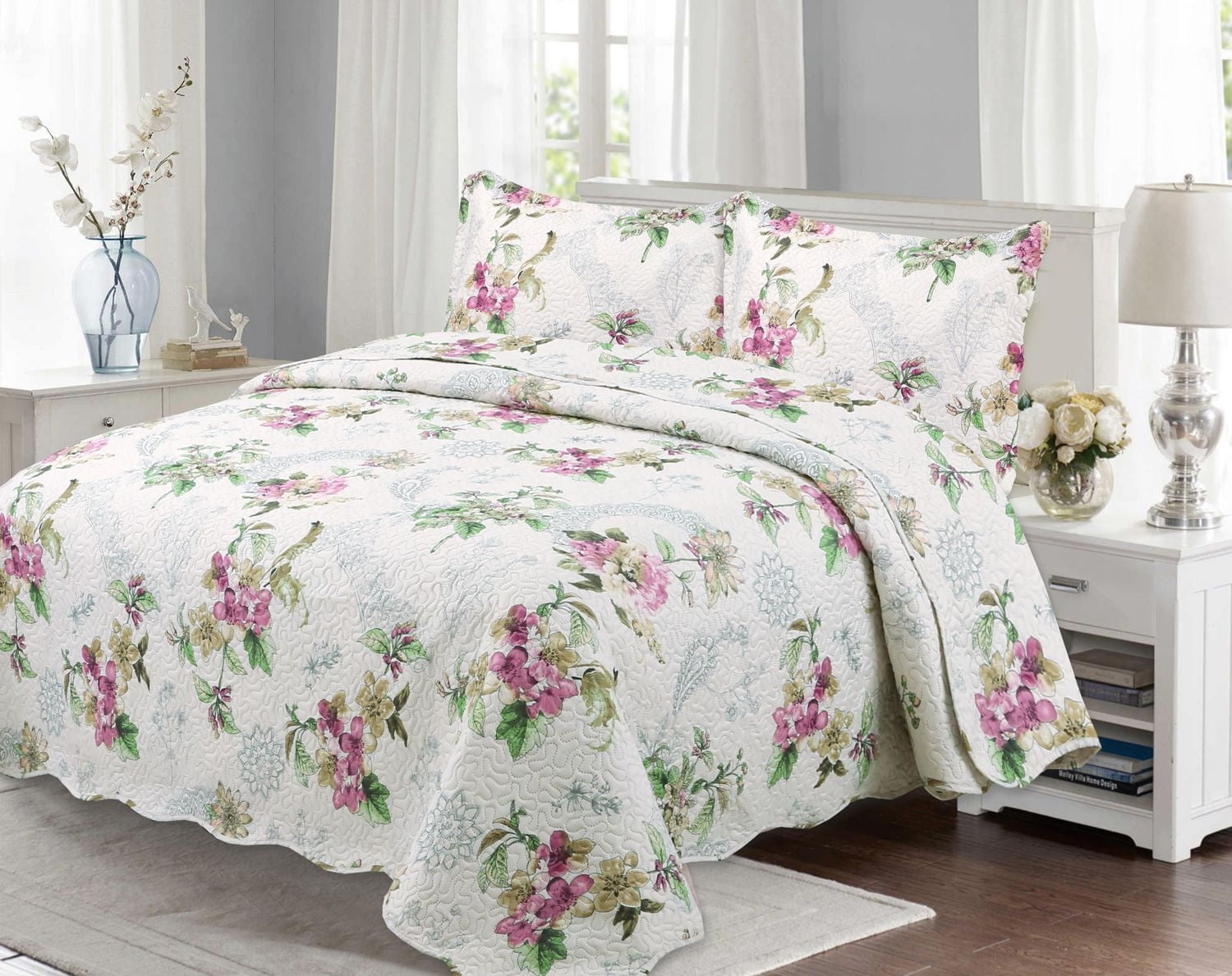 Marina Decoration Rich Printed Embossed Pinsonic Coverlet Bedset Ultra Soft Bedding Summer Quilt Set with Shams, Violet Floral Mandala Pattern