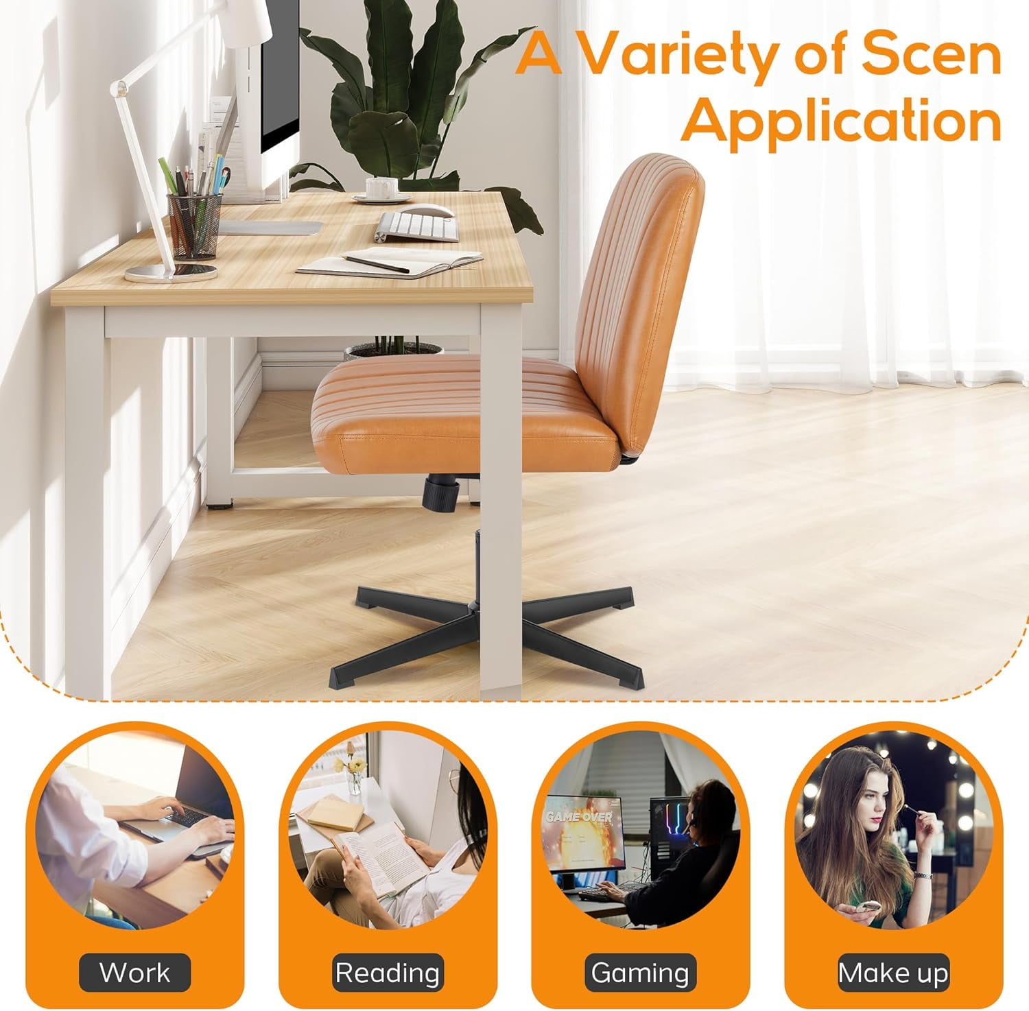 Criss Cross Chair, Cross Legged Office Chair, Wide Comfty Desk Chair, No Wheels Armless Computer Task Chair, Swivel Vanity Home Chair, Height Adjustable