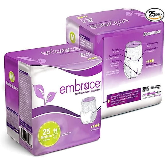 Embrace™ Premium Protection Incontinence Underwear, Maximum Absorbency and Protection, Breathable Cloth for Exceptional Comfort, Odor Protection, Discreet Fit, Medium, Pack of 25