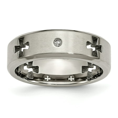 Diamond Cut Out - Titanium Celtic Cross Cut Out with Diamond 7mm Brushed/Polished Band Ring 7 to 13 Size