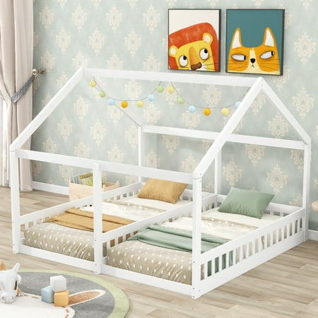 CoSoTower Twin Size House Platform Beds, Two Shared Beds, White
