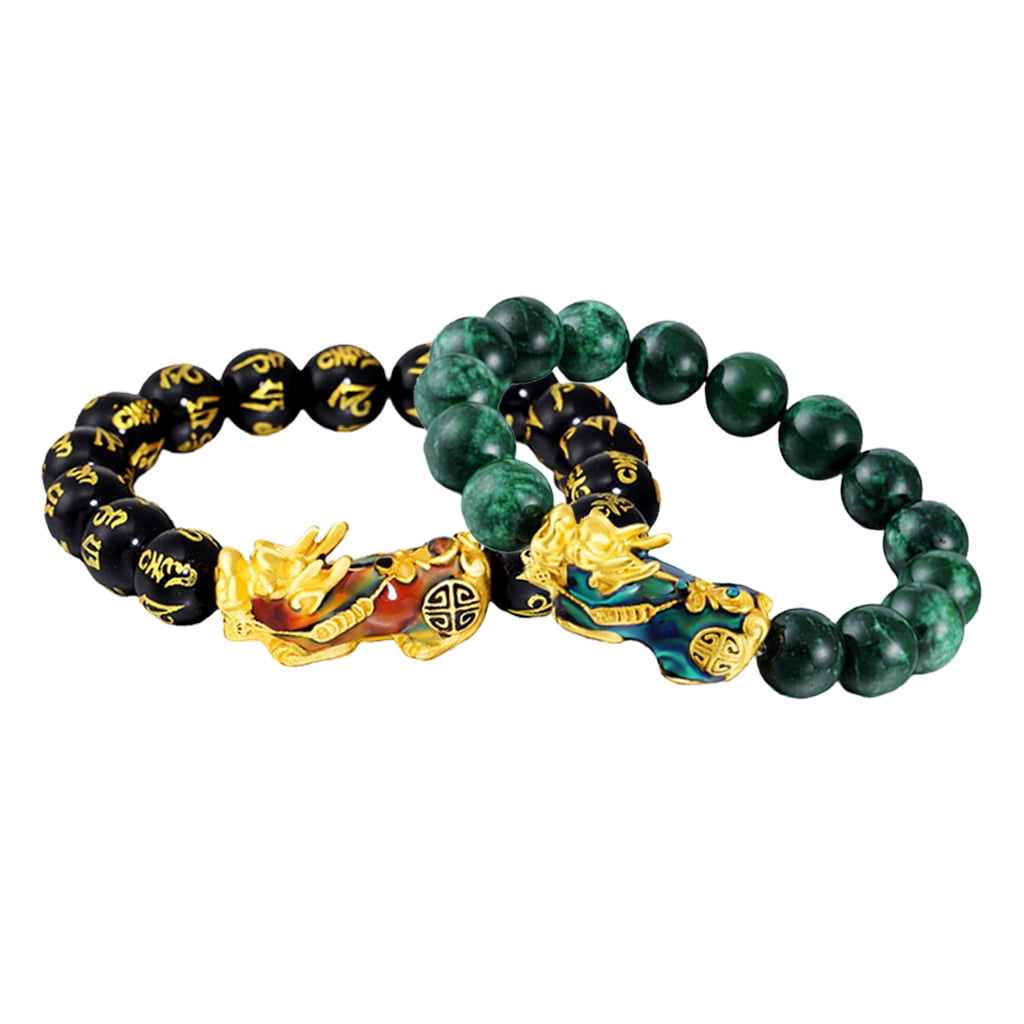 segolike 2Pcs Chinese Feng Shui Obsidian Bead Pixiu Pi Yao Gold