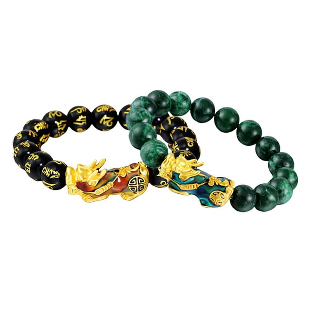 Amuleto Chino Feng Shui Sunnimix obsidiana Pixiu Joyería Chapada en oro 2 piezas