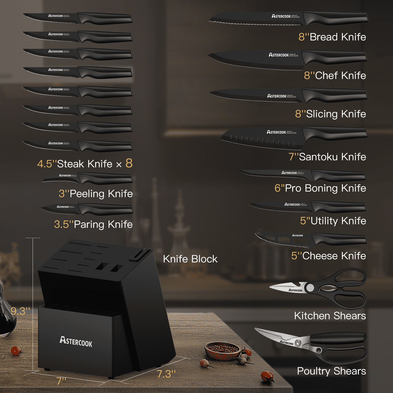 Astercook 20 Pieces Knife Set, Kitchen Knives Set with Built-in Sharpener,  Healthy Anti-Rust Coating & German Stainless Steel Knife Block Sets, Dishwasher Safe Black