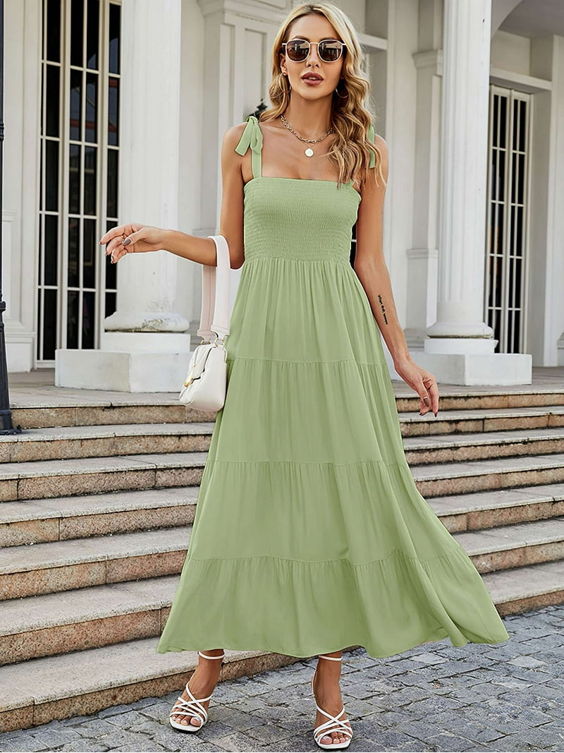 chinese dress ladies Gree Women Maxi Dress, Floral Elastic Waist Long Ankle Length Boho Short Sleeve Casual Spring Summer L / White main image 0