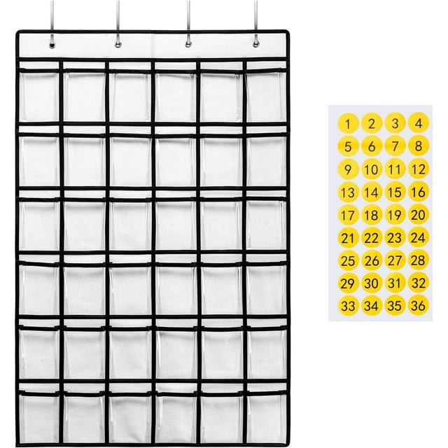 Classroom Pocket Chart for Cell Phones,36 Clear Pocket Chart for Calculator Holder with 36 Number Sticker (White)