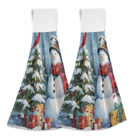 2PCS Velcro Hangable Hand Towels Quick-Drying Hanging Kitchen Towels for Kitchen & Bathroom Christmas Scene with Snowman