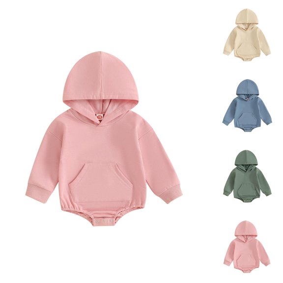 Baby Boys Girls Solid Color Hooded Pocket Long Sleeve Bodysuit Romper Jumpsuit Outfit For Toddler Autumn Fall Season