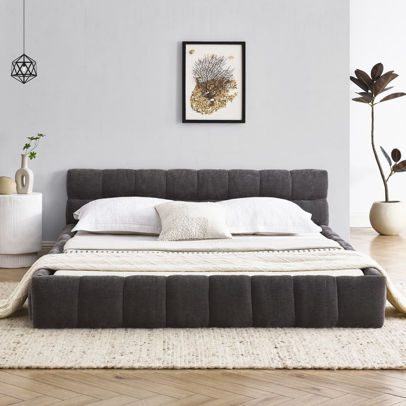 Queen Size Upholstered Platform Bed with Thick Fabric, Chenille Grounded Bed with Headboard and Solid Frame, No Box Spring Needed