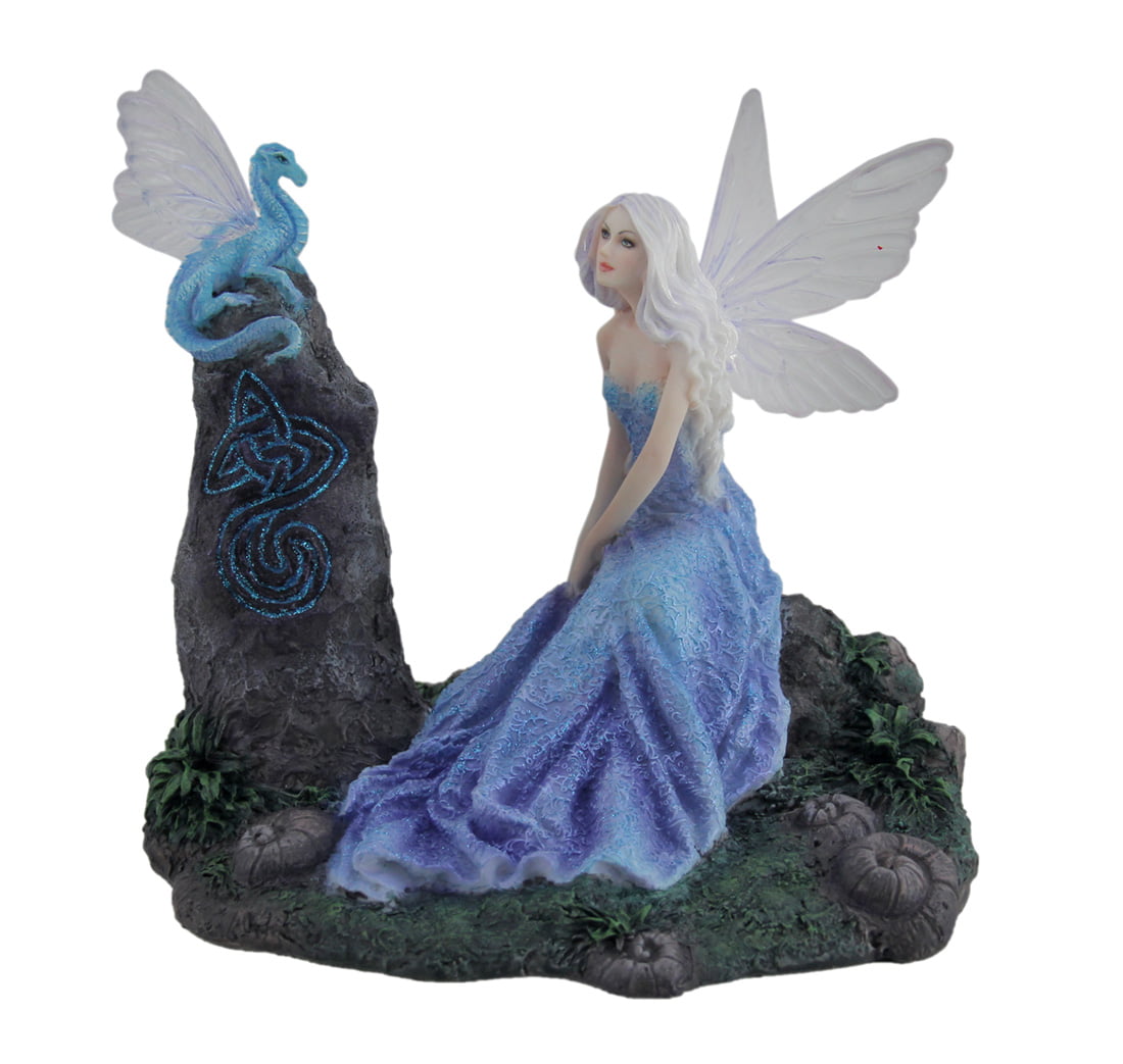 Ebros Large 15" Long Winter Blizzard Fairy with Giant White Dragon Statue 636676549972 