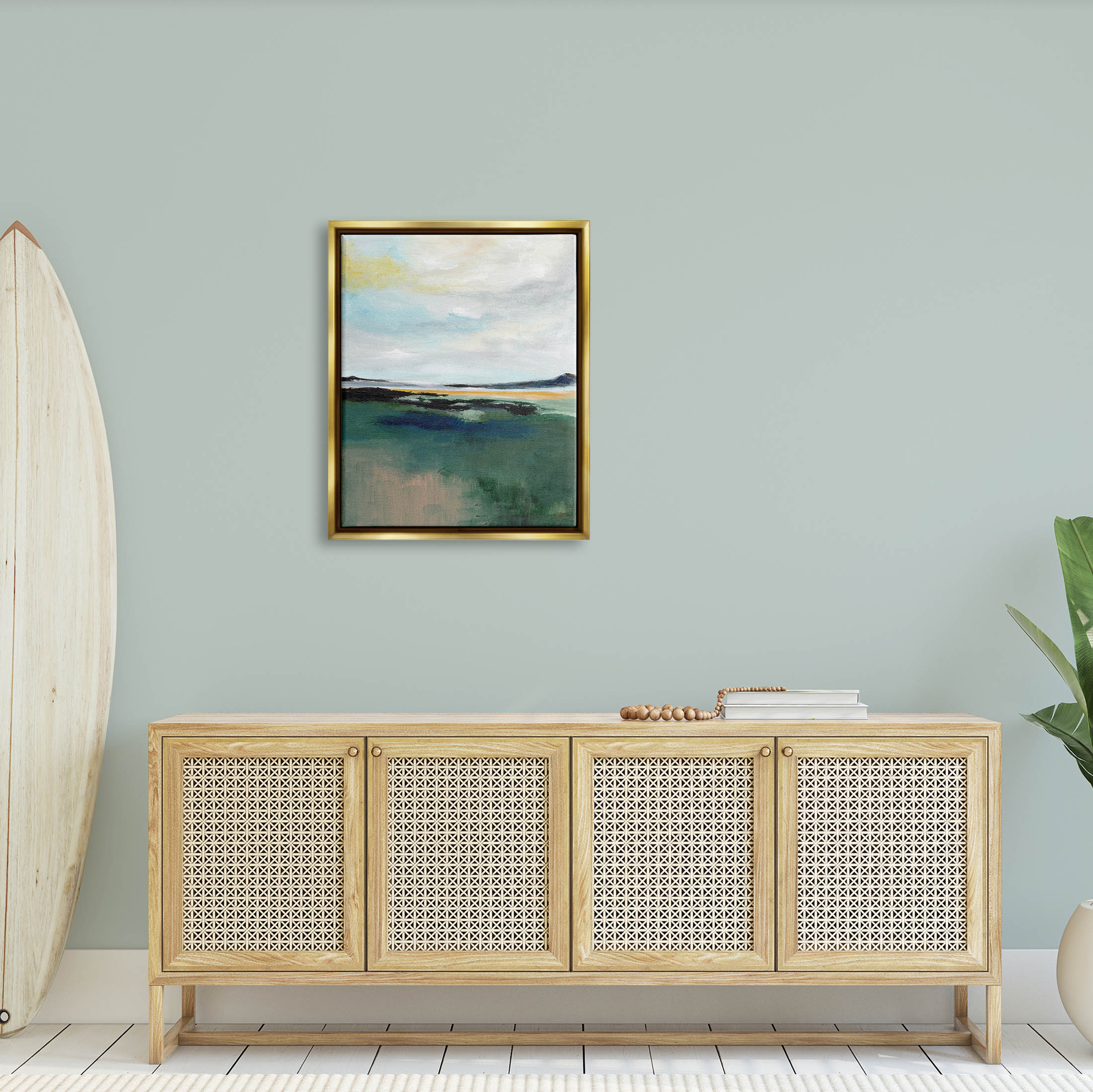 Stupell Industries Modern Cloudy Distant Beach Shore Painting Metallic Gold Floating Framed Canvas Print Wall Art, Design by Nikita Jariwala
