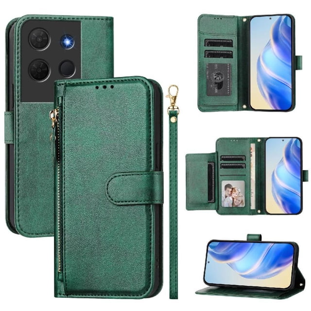 Étui Portefeuille pour TCL 503 avec Poche à Fermeture Éclair, Porte-Cartes, Support, Dragonne, Étui à Rabat en Cuir Vert