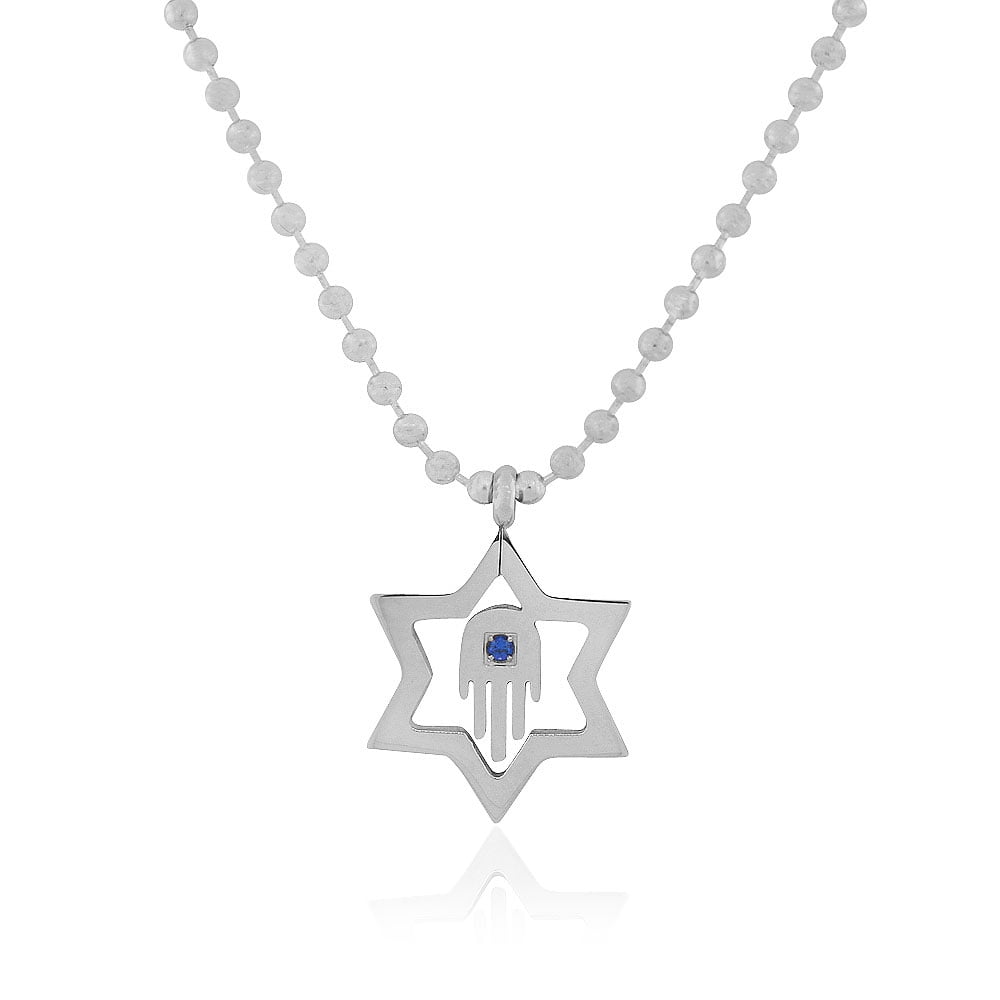 EDFORCE Stainless Steel Jewish Star of David Silver-Tone Hamsa Blue CZ Pendant Necklace, 24"