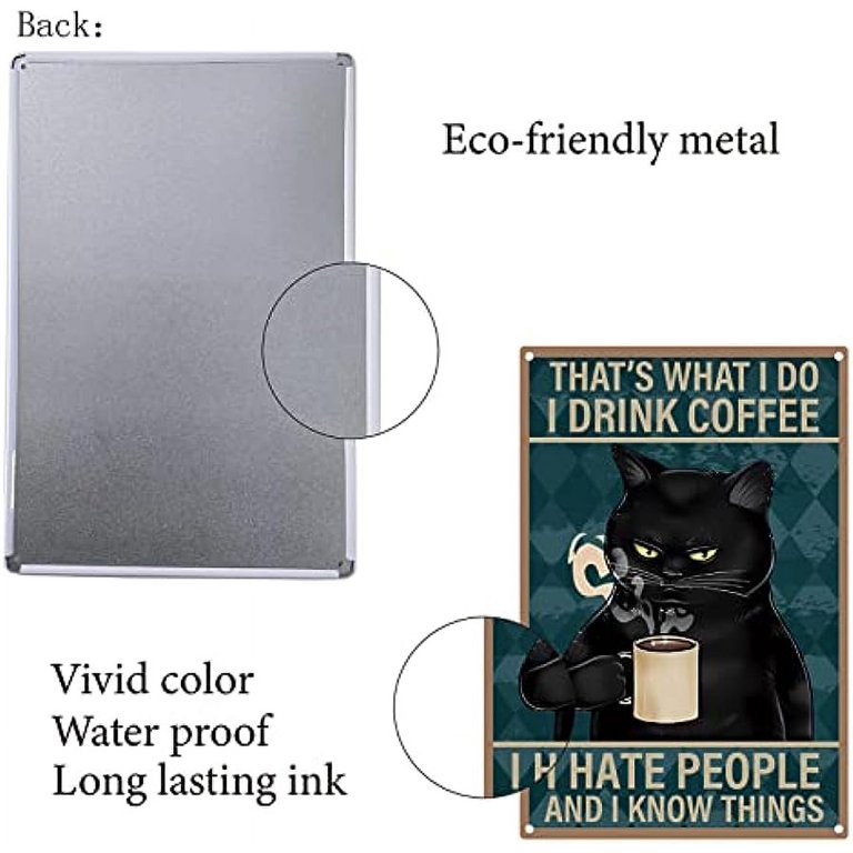 1pc Black Cat Metal Tin Signs Funny Cat Drink Coffee Pattern Wall