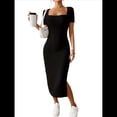 thumbnail image 2 of Vestido de Verano 2025 para Mujer, Ajustado, de Corta, Acanalado, con Abertura Lateral, de Punto y Cuello Cuadrado Negro S, 2 of 8