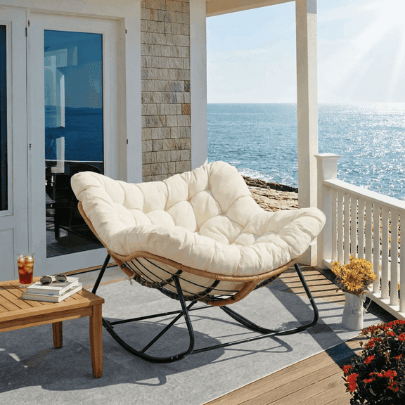 Pirecart Papasan Rocking Chair, Indoor Outdoor Comfy Papasan Chair, Wicker Egg Lounge Chair, Oversized Rocking Chair with Cushion for Living Room/Porch/Garden, Beige