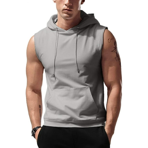 Men's Workout Hooded Tank Tops Sleeveless Gym Hoodies Bodybuilding Muscle  Sleeveless T-shirts, Grey, M