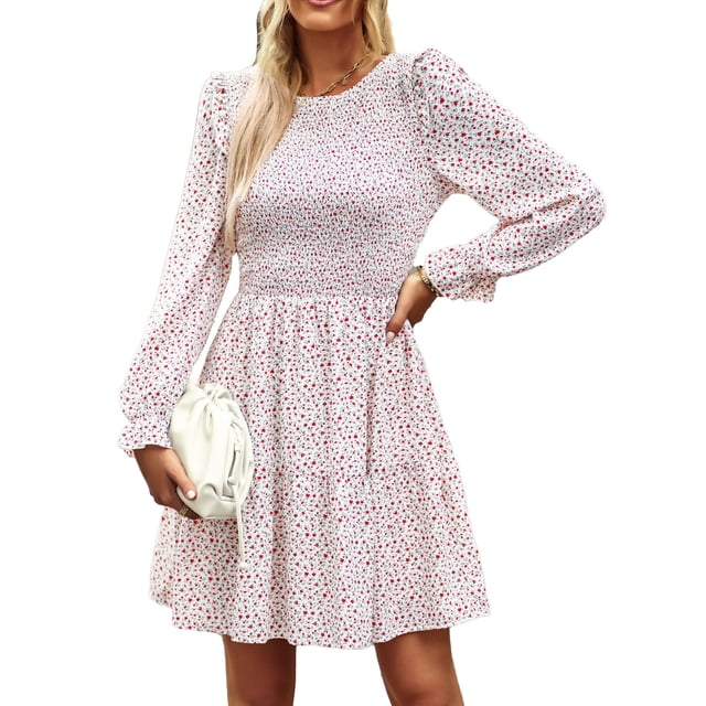 Vestido estampado, vestido de mujer, cuello redondo, vestido de mujer de manga larga, vestido floral, integración sin costuras