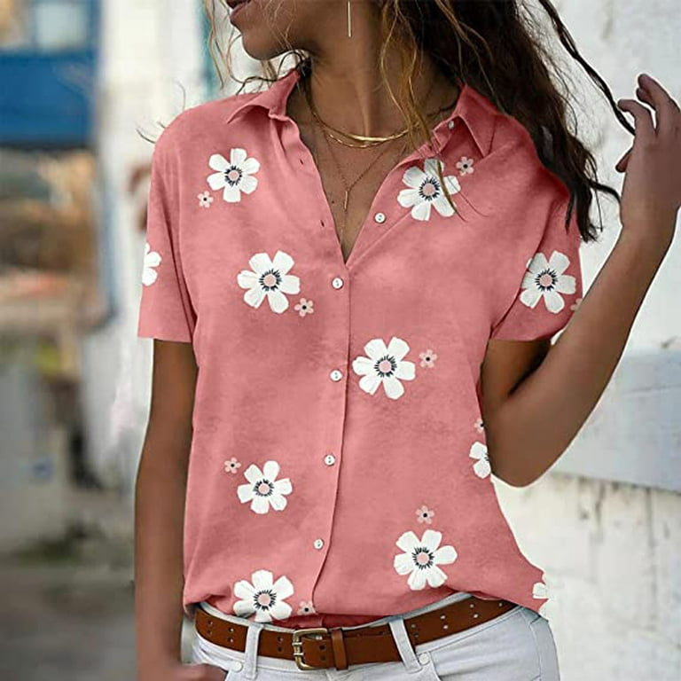 Odeerbi Summer Short Sleeve Tops for Women 2024 Casual Elegant Button Down  Shirt V-Neck Lapel Floral Print Blouses Pink 