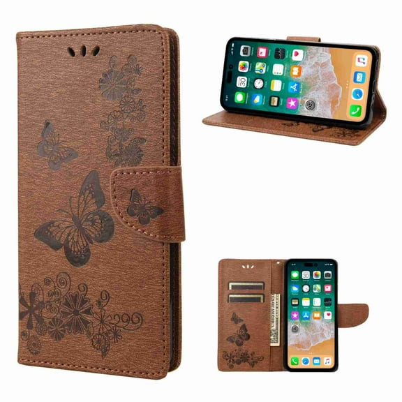 Decase Slim Wallet Card Holder Slots Case for iPhone 11, Shockproof Kickstand Wrist Strap Butterfly Floral Embossed PU Leather Flip Cover,brown