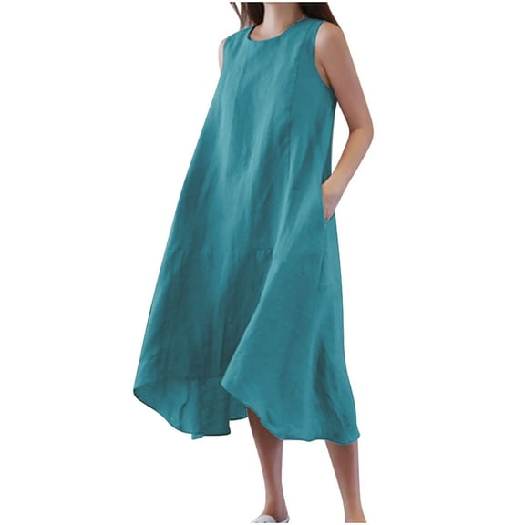 XWSHYW Summer Dress for Women , Sleeveless Round Neck Casual Midi Length Tank Dresses, Sizes S-2XL