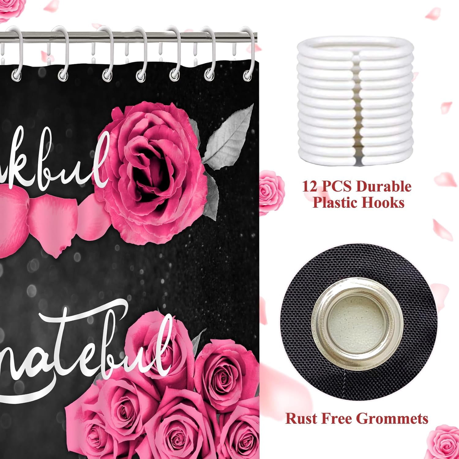 Pink Rose Shower Curtain Sets, Thankful Grateful Blessed Bathroom Curtain with Non-Slip Rug, Toilet Lid Cover, Bath Mat and 12 Hooks, Romantic Showy Floral Wedding Decor for Bath