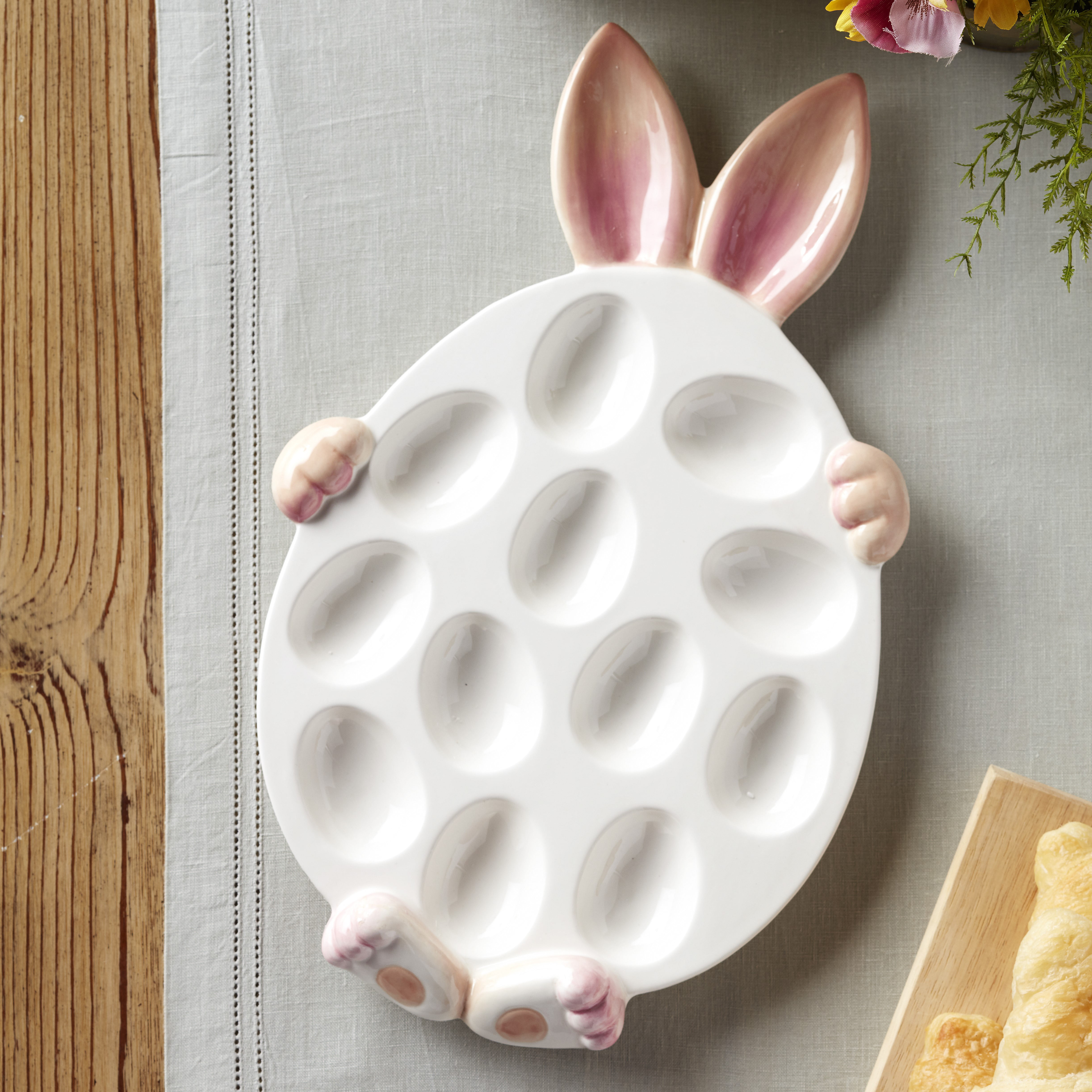 Happy Easter Pastel Pink Flower Design 12 x 10.5 Inch Ceramic Deviled Egg Serving Platter Dish